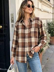 Women's Autumn/Winter Brushed Plaid Button-Front Pocket Casual Shirt - Mocha Brown - View 8