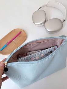 Mint Blue Large/Small PU Makeup Bag Pencil Case Litchi Grain Soft Stationery Cosmetic Storage Bag With Handle - Pu - View 3