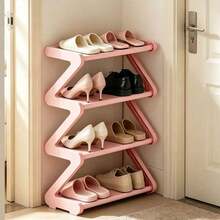 4-Tier Large Z-Shaped Shoe Rack, Easy Assembly Without Tools, Pink Plastic Stackable Storage Rack, Suitable For Home, Dorm And Living Room, Space-Saving Floor Design, Shoe Storage Rack - View 7