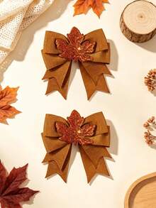 2pcs Women's Maple Leaf Bow Hair Clips, Decorative Hair Accessories, Suitable For Daily Wear, Ideal Holiday Gift - Multicolor - View 7