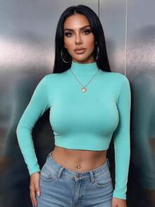 Kaos Wanita Kasual Leher Tinggi Slim Fit Lengan Panjang Pendek untuk Sehari-hari, Pakaian Musim Gugur dan Musim Dingin, Busana Musim Dingin dan Musim Gugur, untuk Pergi Keluar - Pirus - View 5