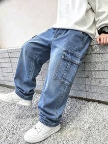 Quần jean denim ống suông rộng phong cách thường ngày cho bé trai với túi hộp - Màu xanh lam - Xem 1