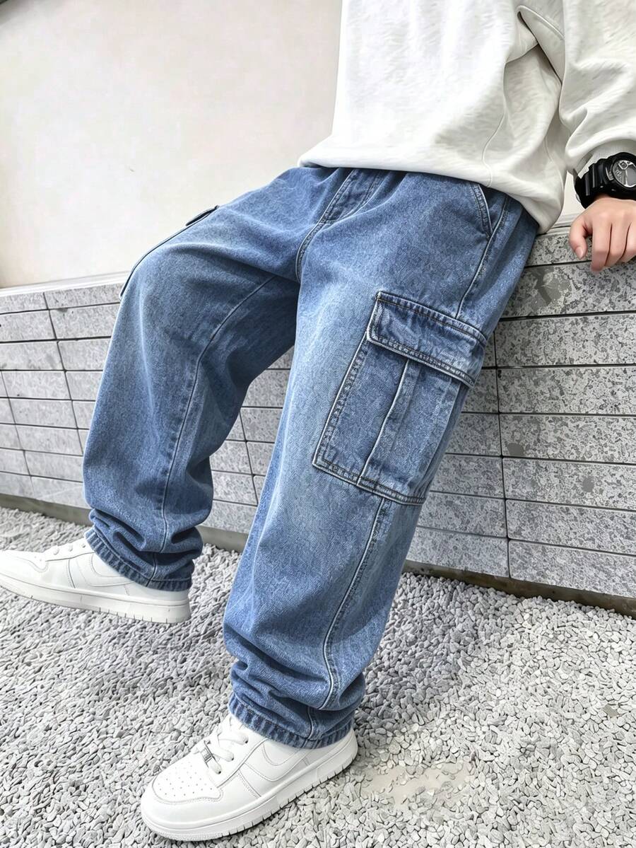 Quần jean denim ống suông rộng phong cách thường ngày cho bé trai với túi hộp - Màu xanh lam - Xem 1