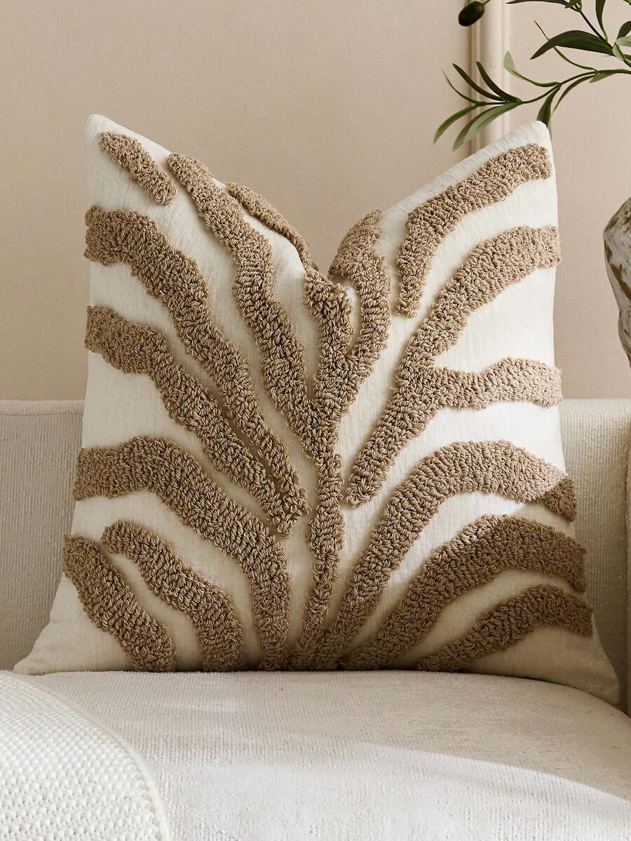 1pc/2pcs Neutral Wavy Velvet Pillow Cover, Textured Abstract Striped Beige Cushion Case, Bohemian Minimalist Decorative Pillow For Living Room Bedroom Sofa Home Decor - Camel - View 1