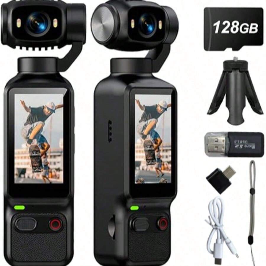 ZANQIU Pocket Portable Handheld Gimbal Action Camera, 2.5K Ultra HD Pocket Camera With 1.3 Inch LCD Screen, 180° Rotatable Lens, Fill Light, Loop Recording, Suitable For Vlogging, Travel, Outdoor Sports (Black, 128GB) - View 1