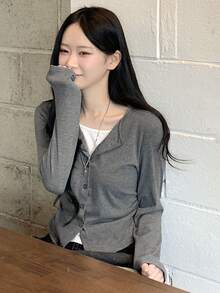 Early Autumn 2 In 1 Single-Breasted Long Sleeve T-Shirt Women Slimming Base Layer Top - Grey - View 2