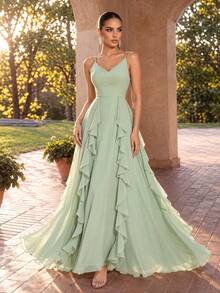 EVERPRETTY Flowy Ruffle V-Neck Sage Green Bridesmaid Dress, Suitable For Weddings, Birthdays, Formal Dinners And Other Occasions - Mint Green - View 1