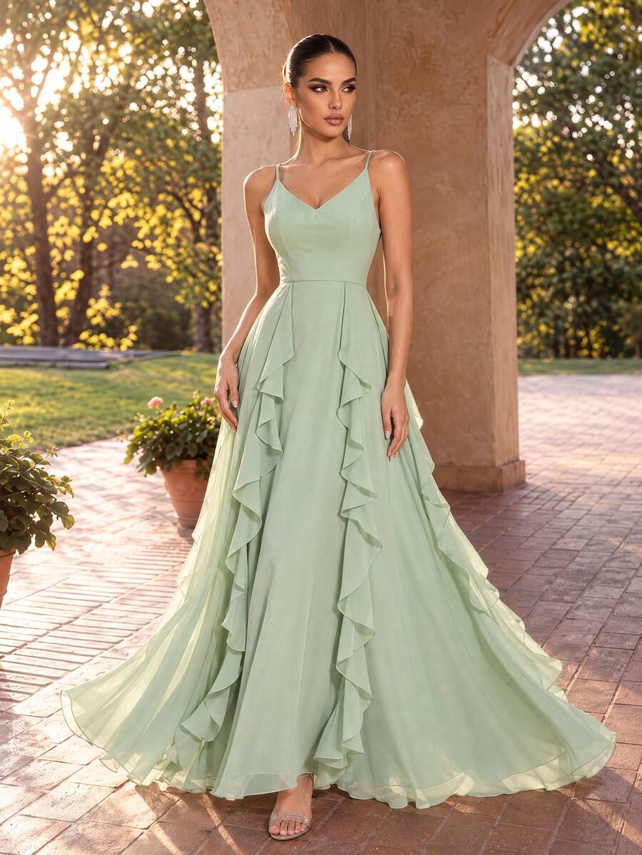 EVERPRETTY Flowy Ruffle V-Neck Sage Green Bridesmaid Dress, Suitable For Weddings, Birthdays, Formal Dinners And Other Occasions - Mint Green - View 1