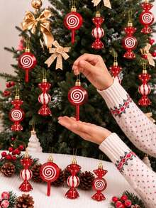 6pcs Christmas Candy Decor Set, Christmas Lollipop Hanging Ornaments, Plastic Lollipop Pendants Can Be Hung On Christmas Tree, With Gold Ribbon, Suitable For Christmas Party Decoration And Home Gathering Scene - Multiple Styles - View 2
