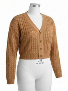 Women's Plus Size Cropped Knit Cardigan With Long Sleeves And Button Detail. Perfect For Fall Women's Casual Wear. - Mustard Yellow - View 4