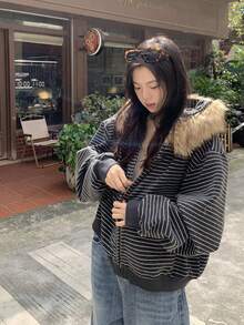 Autumn/Winter American Style Lazy Loose Hooded Striped Brushed Fleece Zip-Up Jacket With Fur Collar - Grey - View 8