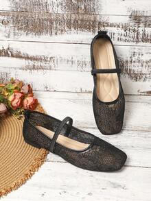 French Elegant Vintage Lace Mary Jane Shoes, Square Toe Elastic Strap Commuter Date Versatile, Women Spring Summer Lightweight Luxury Comfortable Loafers - Black - View 6