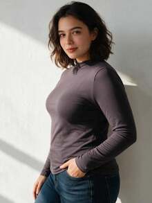 4 PCS Women's Plus Size Half Turtleneck Long Sleeve Tee Slim Fit Solid Color Soft Blend Knit Curvy Slimming Layering Top - Multicolor - View 4