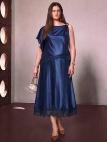Sollinarry Women's Autumn/Winter New Plus Size Asymmetric Top & Drapey Midi Skirt 2 Pieces Set, One-Shoulder Asymmetric Ruffle Sleeve Top, Lace Patchwork Satin Outfit, Suitable For Party, Cocktail, Wedding Guest Wear - Navy Blue - View 6