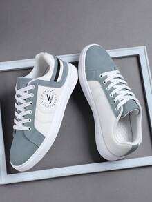 Men's Fashion High-End Minimalist Color-Block Lace-Up Casual Sports Shoes, Versatile Daily Outdoor Commute Comfortable Walking Shoes - Blue and White - View 2