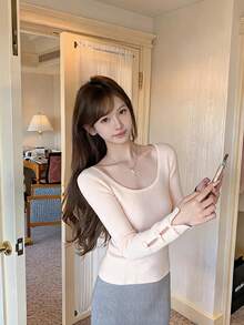 Women's Versatile Chic Fall Winter Solid Square Neck Slim Fit Top, Bow Cutout Design Long Sleeve Base Layer For Dating, Travel, Daily - Apricot - View 7