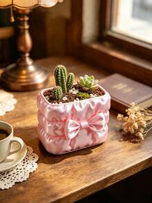 Satin Bow Square Flower Pot, Faux Fabric Pleated Texture, Creative Ins Style Succulent Small Planter, Desktop Greenery Potted Plant Container, Highly Attractive Office Window Sill Decorative Ornament - Multicolor - View 3