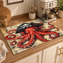 1pc Pirate Octopus Illustration Diatom Mud Absorbent Drying Mat, Kitchen Countertop Draining Mat, Coffee Machine Mat, Dish Drying Mat, Dining Table Breakfast Mat, Non-Slip Heat-Resistant Easy To Clean Hidden Water Stains, Suitable For Kitchen, Dining Table, Coffee Shop, Bar, Home Decor, Holiday Gift - Multicolor - View 3