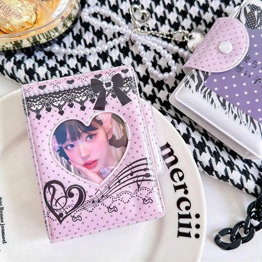 1PC Coquette Style Heart Cutout Photocard Album,Pink Polka Dot Lace & Musical Note Bow PVC 3 Inch Kpop Photocard Holder Book,Mini Idol Photo Card Storage Display Binder For Idol Photocard Collection & Display.Christmas Decrations,Halloween Deorations - A - View 1
