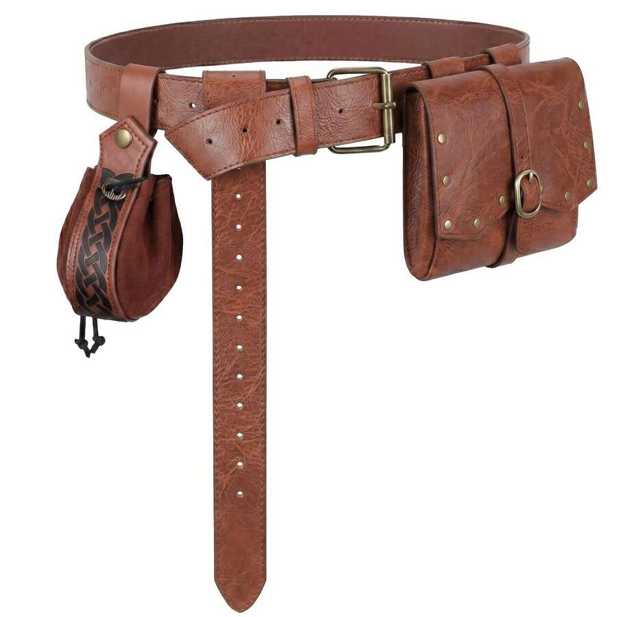 Viking Retro Pu Leather Waist Belt Medieval Flap Fanny Pack Drawstring Coin Purse Dice Bag For Renaissance Fairs LARP Cosplay Party - A - View 1