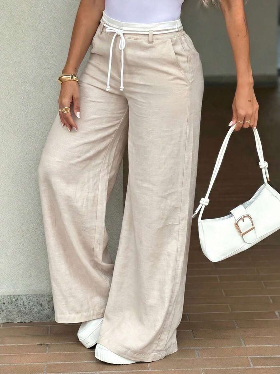 LUNNELUX Women's Autumn High Waist Drawstring Linen Wide Leg Pants, Elastic Waistband Vacation Daily Long Pants With Pockets - White-gray - View 1