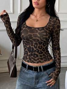 GLAMSKIN Women Fall Leopard Print Square Neck Mesh Long Sleeve Top,Ruffle Hem Slim Fit Cropped Tee,Glam Y2K Streetwear Hoco Casual Fall Fashion Outfit - Leopard Color - View 8