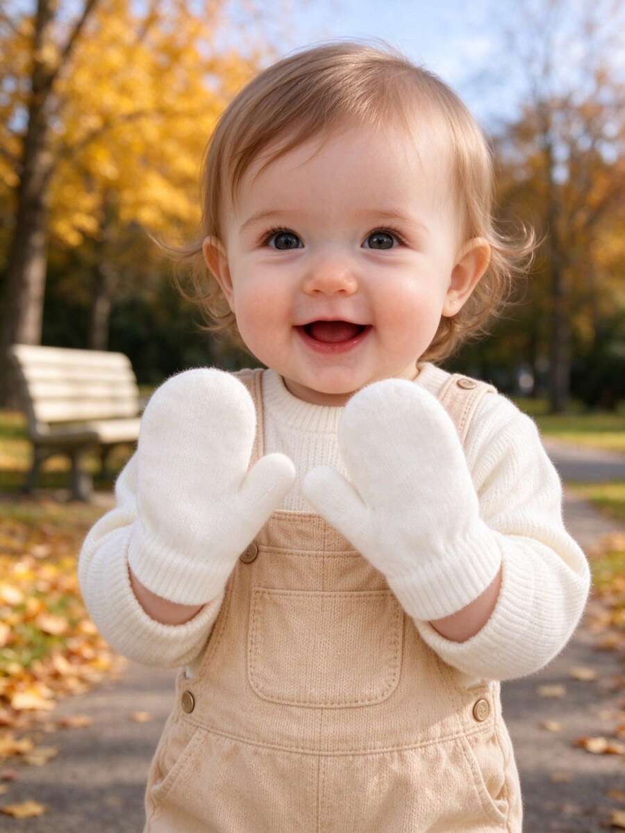 1Pc Toddler Baby Winter Warm Knit Mittens 1-3Y Solid White Soft Gloves With Ribbed Cuffs, Baby Essentials, Baby Stuff, Winter Clothes For Girls, Gift - White - View 1