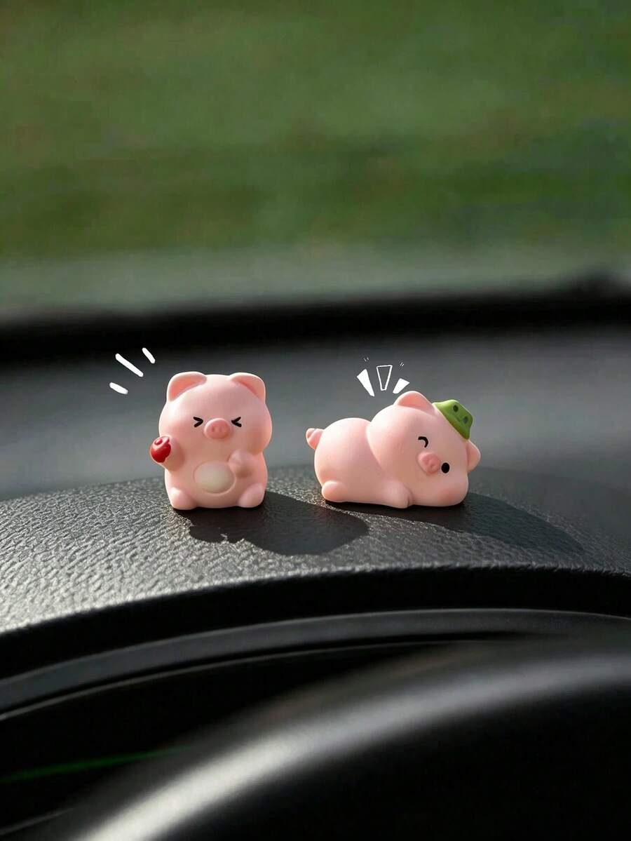 2pcs/4pcs Cute Pig Figurines, Car Dashboard, Screen, Window Side Decor, Creative Interior Decoration - A - View 1