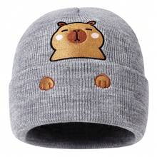 1pc Cute Capybara Knitted Beanie Hat, Autumn/Winter Unisex Outdoor Skiing Embroidered Fashion Hip-Hop Pom Pom Hat - Multicolor - View 4