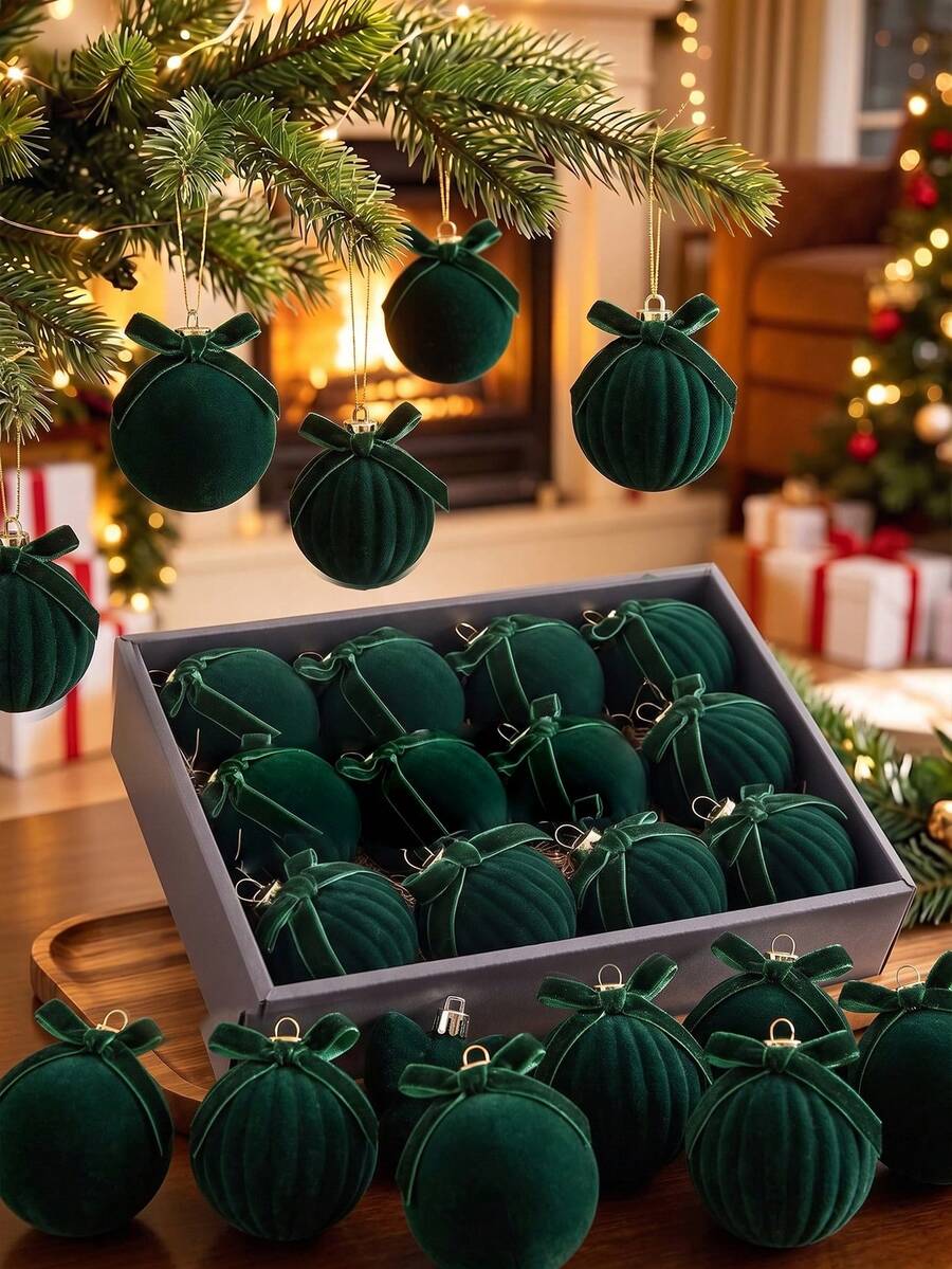 12pcs Velvet Christmas Ball Ornament,Dark Green Flocked Christmas Tree Hanging Ornament,Velvet Xmas Ball Ornament With Bow,Flocked Xmas Ball Decorative Hanging Ornament Set For Xmas Tree Holiday Wreath Garland Fireplace Decor,Xmas Party Hanging Decor