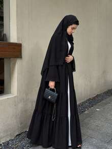 Hafizah New Fashion Flare Sleeve Solid Color Embroidered Robe With Headscarf Spring Black Fall - Black - View 3