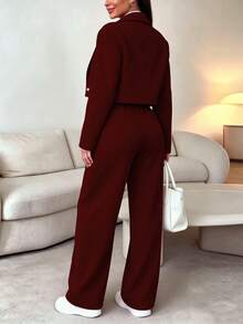 Women's Fashion Brown 2 Pieces Suit, Long Sleeve Cropped Blazer With Slightly Elastic High Waist Pants, Suitable For Formal Occasions And Autumn Wear - Burgundy - View 4
