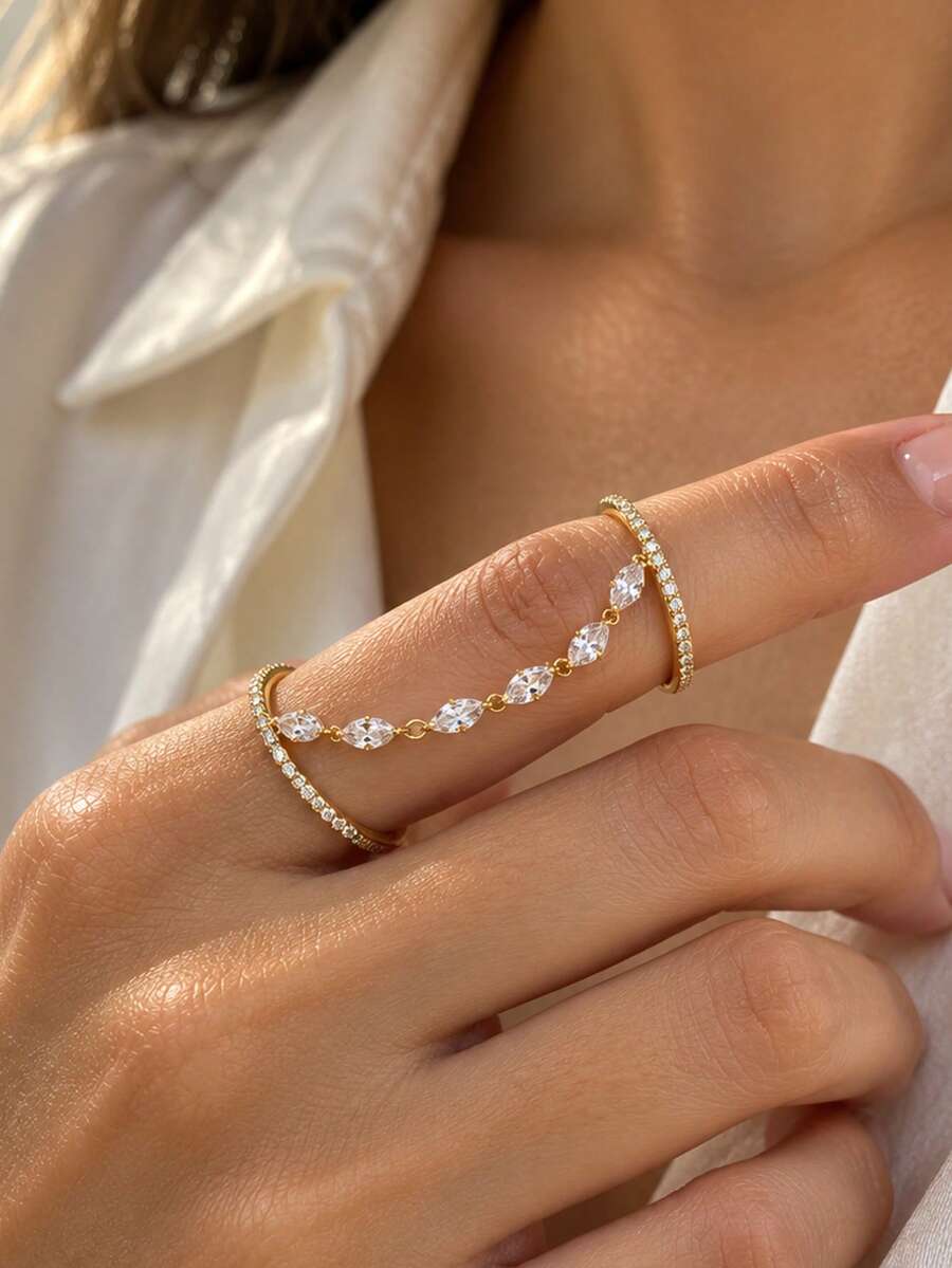 outingfit 1 buah Cincin Terhubung Wanita, Desain Unik dan Istimewa, Cincin Jari Berlian Imitasi Mewah, Aksesori Tangan Serbaguna dan Elegan - Emas - View 1