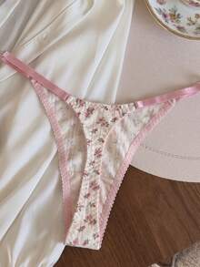Floral Print Ballet Style Lingerie Set, Bow Detail Underwire Bra And Thong, Sweet And Playful Style Lingerie - Beige - View 12