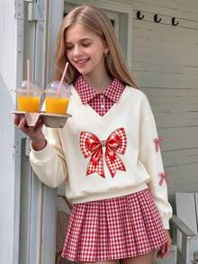 Tween Girl Cartoon Print 2 In 1 Long Sleeve Top And Plaid Skirt - Apricot - View 2