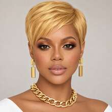 Women's Human Hair Short Wig, Brown With Gold, Style, Layered, With Bangs, No Glue No Front Band, Fully Machine Woven, Easy To Wear - Multicolor - View 11