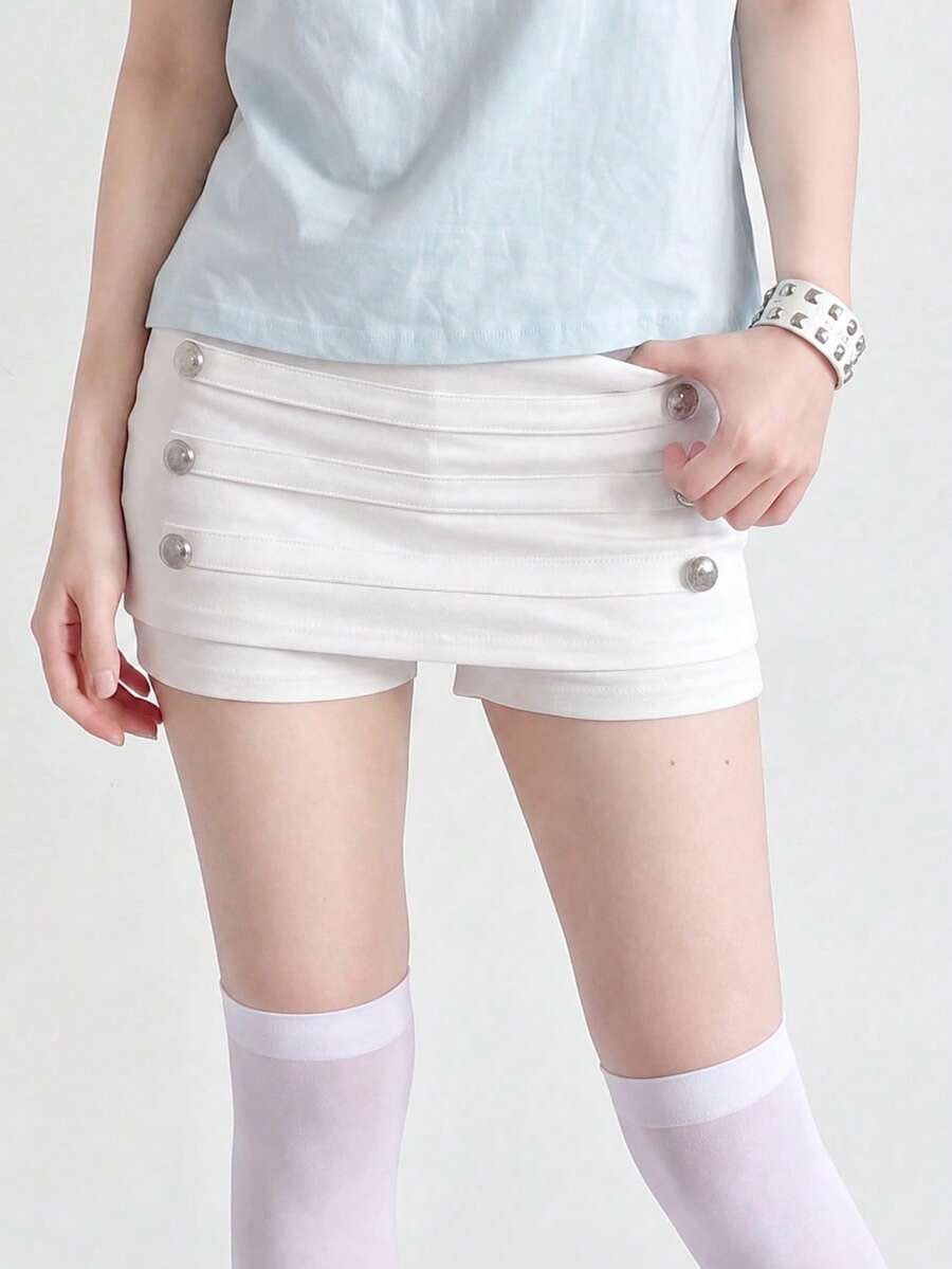 Top Dazzle Chic Women's Knitted Fabric Straight Mini Shorts, Button Detail, Elastic Slim Fit - White - View 1