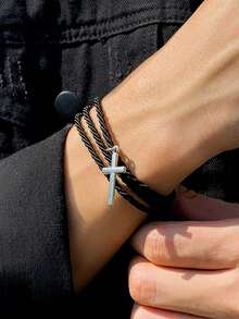 1pc Multi-Layer Braided Minimalist Men's Fashion Personalized Black Bracelet Wristband - Black - View 5