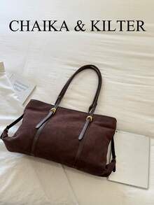 1pc Simple Buckle Suede Fabric Shoulder Tote Bag, Suitable For Commuting, Shopping, Etc. - Coffee - View 4