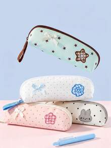 1pc Color Block Polka Dot Plaid Pencil Bag, Aesthetic Large Capacity Stationery Storage Pouch, Smooth Zipper, For Girls, Student Daily Use - Multicolor - View 2