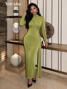 NEW IDEA Women Elegant Olive Green Winter Long Dress, High Neck Long Sleeve Ruched Bodycon Maxi Gown With Side Drape For Cocktail Party, Wedding Guest - Green - View 6