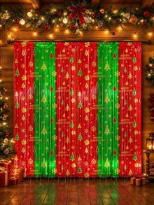 1pc Red And Green Christmas Tinsel Backdrop – Featuring Snowflakes, Christmas Trees, And "Merry Christmas" Lettering; Perfect For Christmas Decor, Photo Props, New Year's Parties, Winter-Themed Events, And More. - Style 1 - View 1