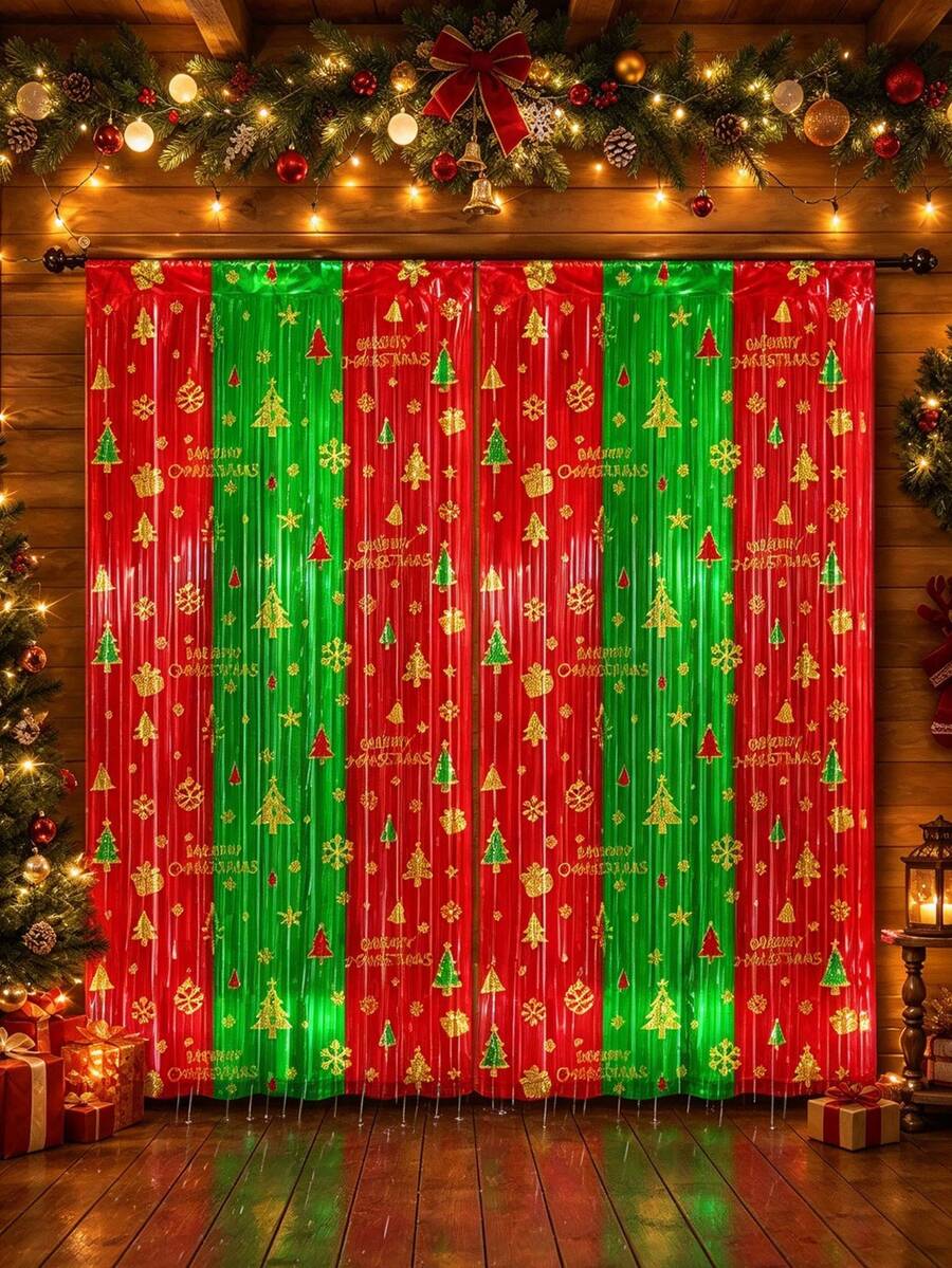 1pc Red And Green Christmas Tinsel Backdrop – Featuring Snowflakes, Christmas Trees, And "Merry Christmas" Lettering; Perfect For Christmas Decor, Photo Props, New Year's Parties, Winter-Themed Events, And More. - Style 1 - View 1
