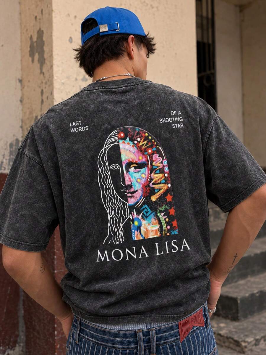 Fractyr Men's Mona Lisa Split Art Print Loose Fit T-Shirt, Soft Touch Dark Grey Washed Street Style T-Shirt, Graffiti Aesthetic Pattern - Dark Grey - View 1