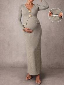 Women's Elegant Ribbed Knit 2-Piece Set, V-Neck Long Sleeve Top With Shell Buttons And Fitted Long Skirt, High Elasticity Maternity Wear - Apricot - View 1