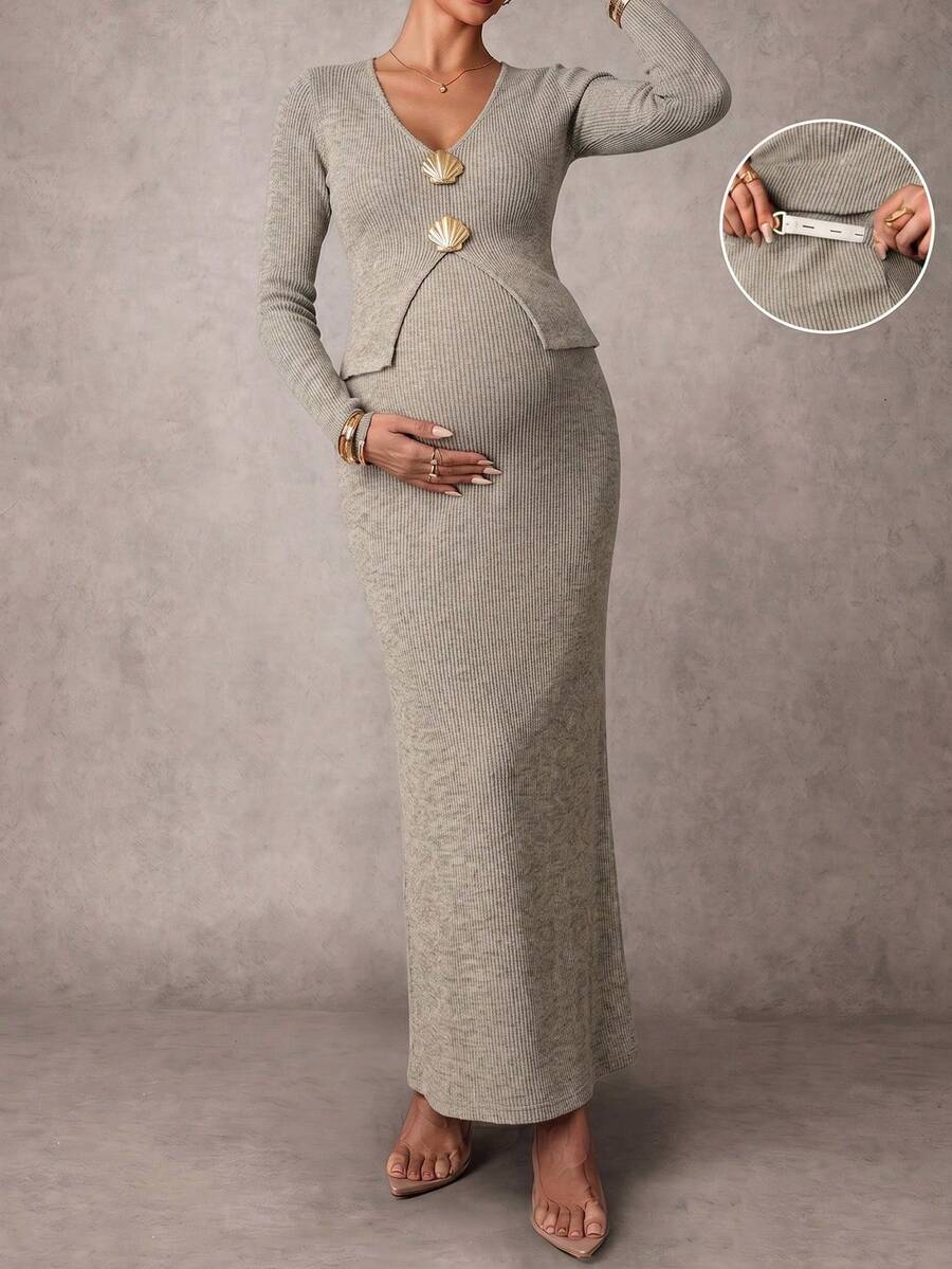 Women's Elegant Ribbed Knit 2-Piece Set, V-Neck Long Sleeve Top With Shell Buttons And Fitted Long Skirt, High Elasticity Maternity Wear - Apricot - View 1