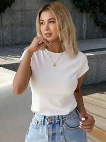 Livesso Women's Crew Neck Solid Color Basic Short Sleeve T-Shirt, White, Spring/Summer,Business Casual Women - White - View 1