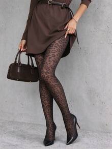 1 Pair Plus Size Black Leopard Print Sheer Pantyhose, Fashionable Sexy Style, Suitable For Spring/Autumn Daily Commute And Party Wear - Multicolor - View 4