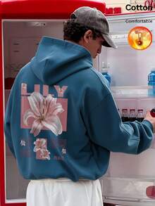 Men's Fleece Hooded Sweatshirt With Lily Pattern And Text Decoration, Y2K Style, Autumn/Winter - Cow Blue - View 10