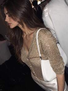 Yuwenier Khaki Glitter Knit Cardigan Deep V Neck Button Front Long Sleeve Dating Night Dinner Casual Street Fall Winter Outfits - Brown - View 1